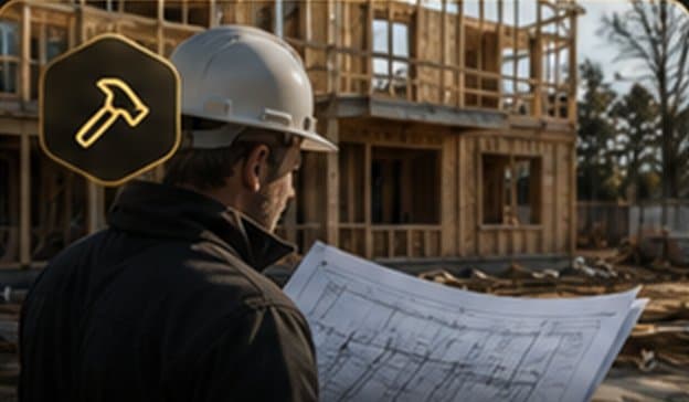 A contractor reviewing project plans at a residential build